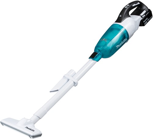 Makita DCL281RTWX  Steelstofzuiger  witte uitvoering met blauwe transparante capsule